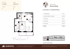 3 pokoje, mieszkanie 53,24 m², piętro 3, oferta nr 1.A.3.05, Murapol RiverSide, Wrocław, Szczepin, ul. Gnieźnieńska