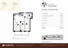 3 pokoje, mieszkanie 52,32 m², piętro 4, oferta nr 1.A.4.06, Murapol RiverSide, Wrocław, Szczepin, ul. Gnieźnieńska