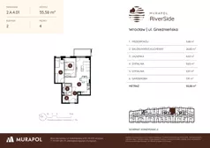 3 pokoje, mieszkanie 55,58 m², piętro 4, oferta nr 2.A.4.01, Murapol RiverSide, Wrocław, Szczepin, ul. Gnieźnieńska