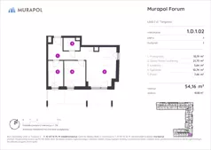 3 pokoje, mieszkanie 54,16 m², piętro 1, oferta nr 1.D.1.02, Murapol Forum, Łódź, Śródmieście, ul. Targowa