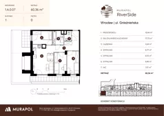 4 pokoje, mieszkanie 60,67 m², piętro 1, oferta nr 1.A.1.07, Murapol RiverSide, Wrocław, Szczepin, ul. Gnieźnieńska