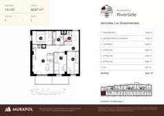 4 pokoje, mieszkanie 60,67 m², piętro 1, oferta nr 1.A.1.07, Murapol RiverSide, Wrocław, Szczepin, ul. Gnieźnieńska