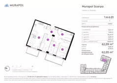 4 pokoje, mieszkanie 62,05 m², piętro 6, oferta nr 1.A.6.01, Murapol Scarpa, Gdańsk, Siedlce, ul. Kartuska