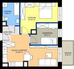 2 pokoje, mieszkanie 51,58 m², piętro 3, oferta nr 1.A.3.13, Murapol Osiedle Faktoria, Łódź, Polesie, Stare Polesie, al. 1 Maja