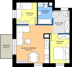 3 pokoje, mieszkanie 46,49 m², piętro 2, oferta nr 2.A.2.02, Murapol Osiedle Faktoria, Łódź, Polesie, Stare Polesie, al. 1 Maja