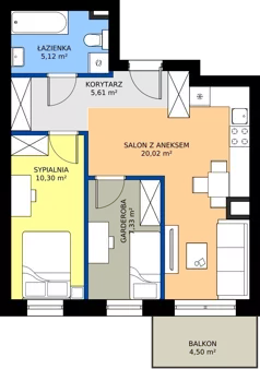 2 pokoje, mieszkanie 47,98 m², piętro 1, oferta nr 2.B.1.02, Murapol Osiedle Faktoria, Łódź, Polesie, Stare Polesie, al. 1 Maja