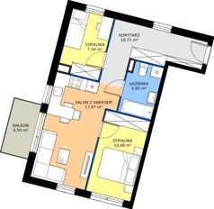 2 pokoje, mieszkanie 53,08 m², piętro 2, oferta nr 7.A.2.12, Murapol Osiedle Szafirove, Gliwice, Stare Gliwice, ul. Szafirowa