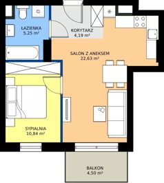 2 pokoje, mieszkanie 42,91 m², piętro 4, oferta nr 1.A.4.05, Murapol Forum, Łódź, Śródmieście, ul. Targowa