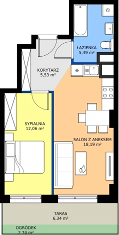 2 pokoje, mieszkanie 41,27 m², parter, oferta nr 1.A.0.03, Murapol RiverSide, Wrocław, Szczepin, ul. Gnieźnieńska