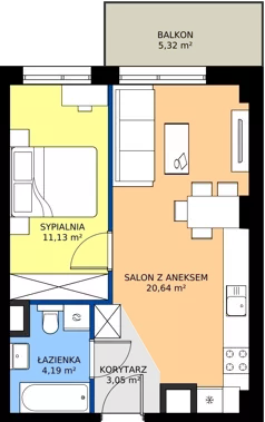 2 pokoje, mieszkanie 39,01 m², piętro 1, oferta nr 1.A.1.02, Murapol RiverSide, Wrocław, Szczepin, ul. Gnieźnieńska