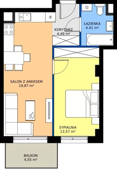 2 pokoje, mieszkanie 42,34 m², piętro 1, oferta nr 1.A.1.04, Murapol RiverSide, Wrocław, Szczepin, ul. Gnieźnieńska