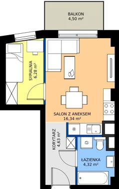 2 pokoje, mieszkanie 31,57 m², piętro 2, oferta nr 1.A.2.01, Murapol RiverSide, Wrocław, Szczepin, ul. Gnieźnieńska