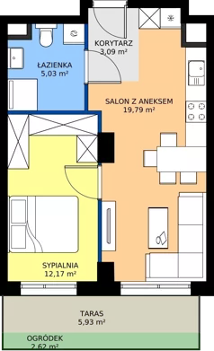 2 pokoje, mieszkanie 40,08 m², parter, oferta nr 2.A.0.03, Murapol RiverSide, Wrocław, Szczepin, ul. Gnieźnieńska