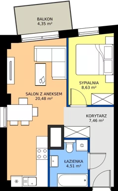 2 pokoje, mieszkanie 41,08 m², piętro 6, oferta nr 2.A.6.08, Murapol RiverSide, Wrocław, Szczepin, ul. Gnieźnieńska