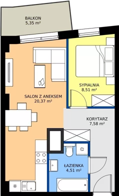 2 pokoje, mieszkanie 40,97 m², piętro 3, oferta nr 2.A.3.08, Murapol RiverSide, Wrocław, Szczepin, ul. Gnieźnieńska