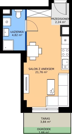 1 pokój, mieszkanie 28,82 m², parter, oferta nr 2.A.0.06, Murapol RiverSide, Wrocław, Szczepin, ul. Gnieźnieńska