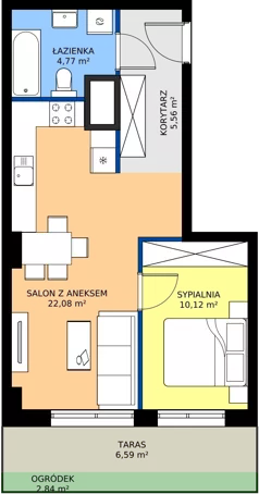 2 pokoje, mieszkanie 42,53 m², parter, oferta nr 2.A.0.07, Murapol RiverSide, Wrocław, Szczepin, ul. Gnieźnieńska