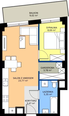 2 pokoje, mieszkanie 45,06 m², piętro 6, oferta nr 2.A.6.09, Murapol RiverSide, Wrocław, Szczepin, ul. Gnieźnieńska