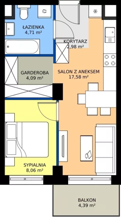 2 pokoje, mieszkanie 37,42 m², piętro 5, oferta nr 2.A.5.04, Murapol RiverSide, Wrocław, Szczepin, ul. Gnieźnieńska