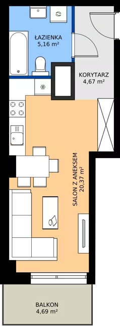 1 pokój, mieszkanie 30,20 m², piętro 1, oferta nr 3.A.1.08, Murapol RiverSide, Wrocław, Szczepin, ul. Gnieźnieńska