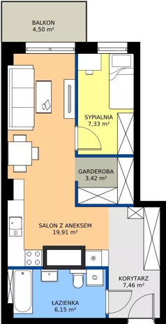 2 pokoje, mieszkanie 44,27 m², piętro 2, oferta nr 3.A.2.09, Murapol RiverSide, Wrocław, Szczepin, ul. Gnieźnieńska