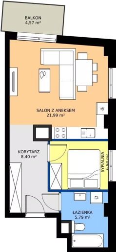 2 pokoje, mieszkanie 43,12 m², piętro 3, oferta nr 3.A.3.02, Murapol RiverSide, Wrocław, Szczepin, ul. Gnieźnieńska