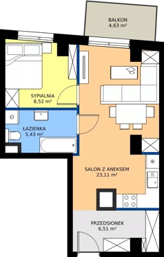 2 pokoje, mieszkanie 43,57 m², piętro 2, oferta nr 3.A.2.01, Murapol RiverSide, Wrocław, Szczepin, ul. Gnieźnieńska