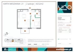 2 pokoje, mieszkanie 43,52 m², piętro 2, oferta nr 21, UNO Bemowo, Warszawa, Bemowo, Bemowo-Lotnisko, ul. Powstańców Śląskich