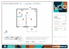 2 pokoje, mieszkanie 40,70 m², piętro 1, oferta nr 52, UNO Bemowo, Warszawa, Bemowo, Bemowo-Lotnisko, ul. Powstańców Śląskich