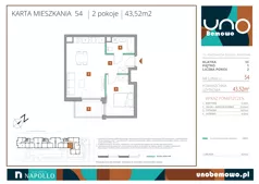 2 pokoje, mieszkanie 43,52 m², piętro 1, oferta nr 54, UNO Bemowo, Warszawa, Bemowo, Bemowo-Lotnisko, ul. Powstańców Śląskich