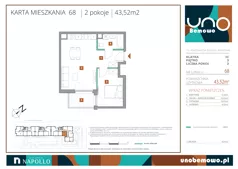 2 pokoje, mieszkanie 43,52 m², piętro 3, oferta nr 68, UNO Bemowo, Warszawa, Bemowo, Bemowo-Lotnisko, ul. Powstańców Śląskich