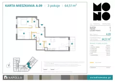 3 pokoje, mieszkanie 64,51 m², piętro 1, oferta nr A.09, Osiedle MONO, Warszawa, Białołęka, Tarchomin, ul. Odkryta 53