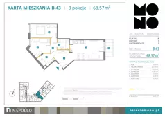 3 pokoje, mieszkanie 68,57 m², piętro 1, oferta nr B.43, Osiedle MONO, Warszawa, Białołęka, Tarchomin, ul. Odkryta 53
