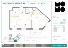 3 pokoje, mieszkanie 61,48 m², piętro 1, oferta nr B.44, Osiedle MONO, Warszawa, Białołęka, Tarchomin, ul. Odkryta 53