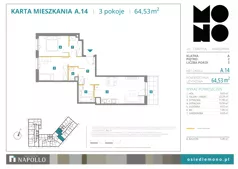 3 pokoje, mieszkanie 64,53 m², piętro 2, oferta nr A.14, Osiedle MONO, Warszawa, Białołęka, Tarchomin, ul. Odkryta 53