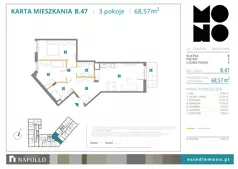 3 pokoje, mieszkanie 68,57 m², piętro 2, oferta nr B.47, Osiedle MONO, Warszawa, Białołęka, Tarchomin, ul. Odkryta 53