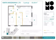 3 pokoje, mieszkanie 56,68 m², piętro 2, oferta nr C.72, Osiedle MONO, Warszawa, Białołęka, Tarchomin, ul. Odkryta 53