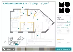 3 pokoje, mieszkanie 61,52 m², piętro 3, oferta nr B.52, Osiedle MONO, Warszawa, Białołęka, Tarchomin, ul. Odkryta 53