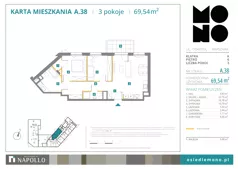 3 pokoje, mieszkanie 69,54 m², piętro 6, oferta nr A.38, Osiedle MONO, Warszawa, Białołęka, Tarchomin, ul. Odkryta 53