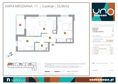 3 pokoje, mieszkanie 55,96 m², piętro 3, oferta nr 11, UNO Bemowo, Warszawa, Bemowo, Bemowo-Lotnisko, ul. Powstańców Śląskich