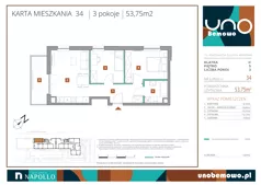 3 pokoje, mieszkanie 53,75 m², piętro 5, oferta nr 34, UNO Bemowo, Warszawa, Bemowo, Bemowo-Lotnisko, ul. Powstańców Śląskich
