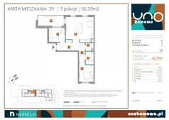 3 pokoje, mieszkanie 66,59 m², piętro 5, oferta nr 39, UNO Bemowo, Warszawa, Bemowo, Bemowo-Lotnisko, ul. Powstańców Śląskich
