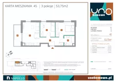 3 pokoje, mieszkanie 53,75 m², piętro 7, oferta nr 45, UNO Bemowo, Warszawa, Bemowo, Bemowo-Lotnisko, ul. Powstańców Śląskich