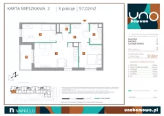 3 pokoje, mieszkanie 57,02 m², piętro 1, oferta nr 02, UNO Bemowo, Warszawa, Bemowo, Bemowo-Lotnisko, ul. Powstańców Śląskich