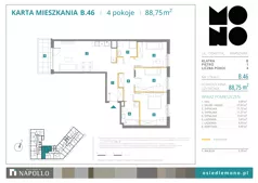4 pokoje, mieszkanie 88,75 m², piętro 1, oferta nr B.46, Osiedle MONO, Warszawa, Białołęka, Tarchomin, ul. Odkryta 53