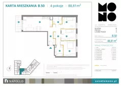 4 pokoje, mieszkanie 88,81 m², piętro 2, oferta nr B.50, Osiedle MONO, Warszawa, Białołęka, Tarchomin, ul. Odkryta 53