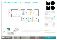 4 pokoje, mieszkanie 71,96 m², piętro 2, oferta nr C.76, Osiedle MONO, Warszawa, Białołęka, Tarchomin, ul. Odkryta 53