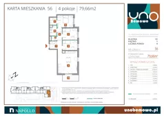 4 pokoje, mieszkanie 79,66 m², piętro 1, oferta nr 56, UNO Bemowo, Warszawa, Bemowo, Bemowo-Lotnisko, ul. Powstańców Śląskich