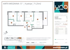 4 pokoje, mieszkanie 71,25 m², piętro 1, oferta nr 57, UNO Bemowo, Warszawa, Bemowo, Bemowo-Lotnisko, ul. Powstańców Śląskich