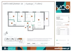 4 pokoje, mieszkanie 71,49 m², piętro 2, oferta nr 64, UNO Bemowo, Warszawa, Bemowo, Bemowo-Lotnisko, ul. Powstańców Śląskich
